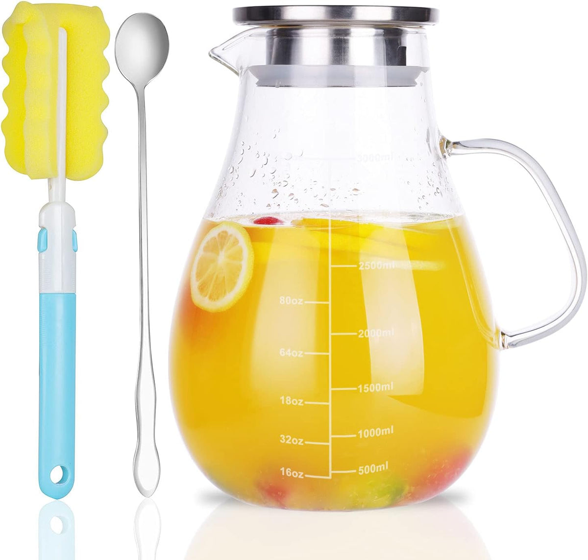Glass Pitcher, Glass Water Pitcher with Tight Stainless Steel Lid, 105.5oz/3L, Heat Resistant Borosilicate Glass Carafe, Long Handle Cleaning Brush and Mixing Spoon, Temperature Safe