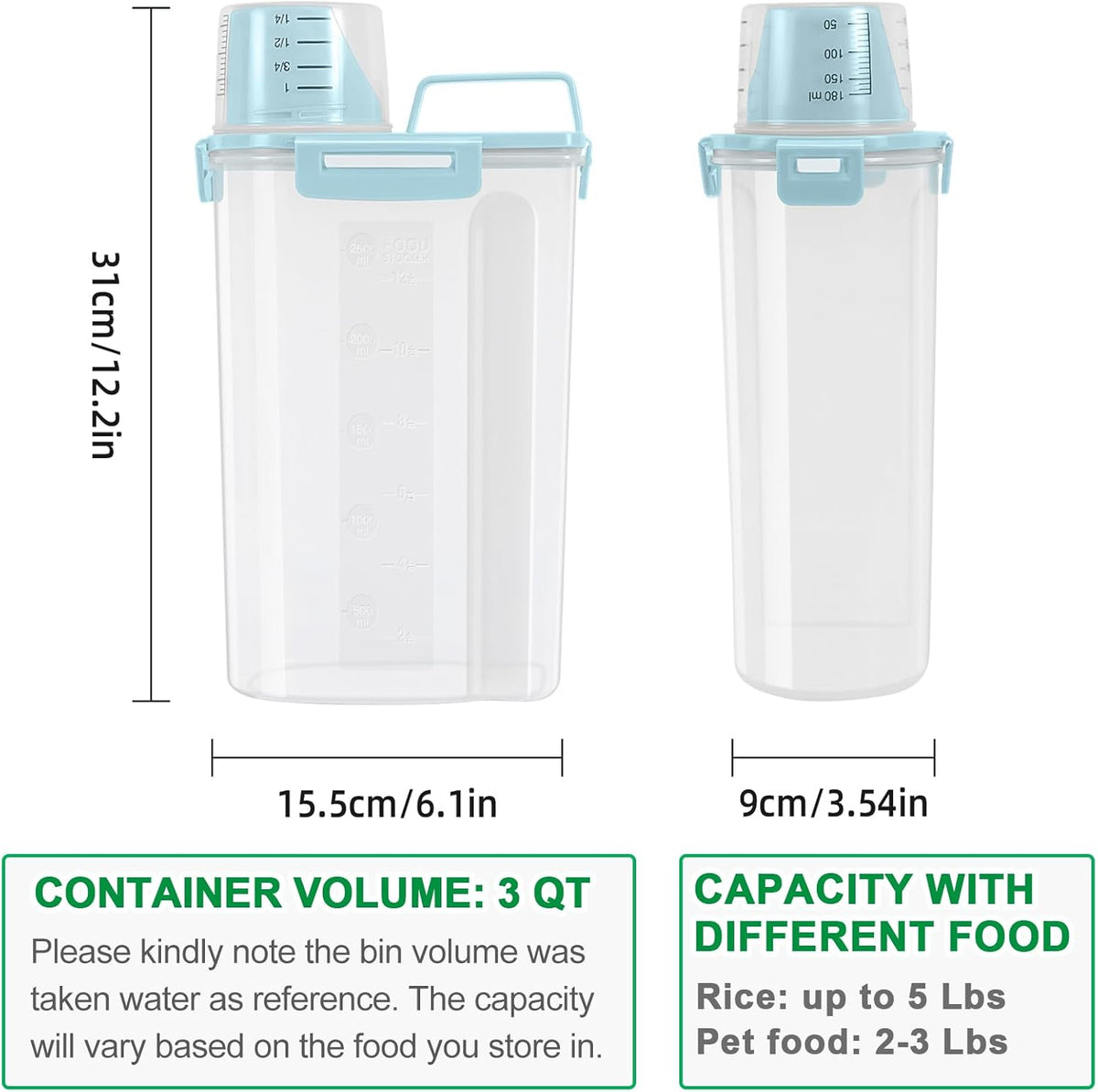 TBMax Rice Container Cereal Storage Container 2 Pack 5 Lbs, Plastic Kitchen Pantry Food Storage Container with Cup, Small Pet Dog Cat Food Dispenser -Blue