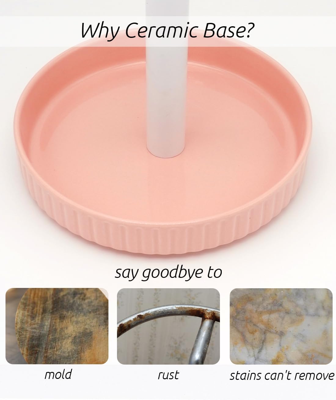 VROOMIUM Paper Towel Holder Countertop, Ceramic Base Easy-to-Clean, 1.5 lbs, 7" B x 12.5" H, Stable Elegant and Durable Kitchen Roll Stand, Cute Pink