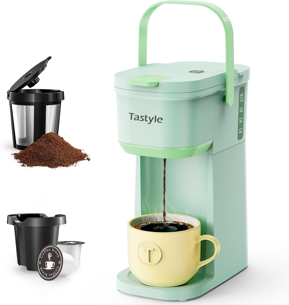 Single Serve One Cup Coffee Maker, for K Cups and Grounds, Mini Coffee Maker with Portable Handle, 6 to 12 Oz Brew Size, for Travel, Camping, Office, RV and Dorm, 120V, Oasis