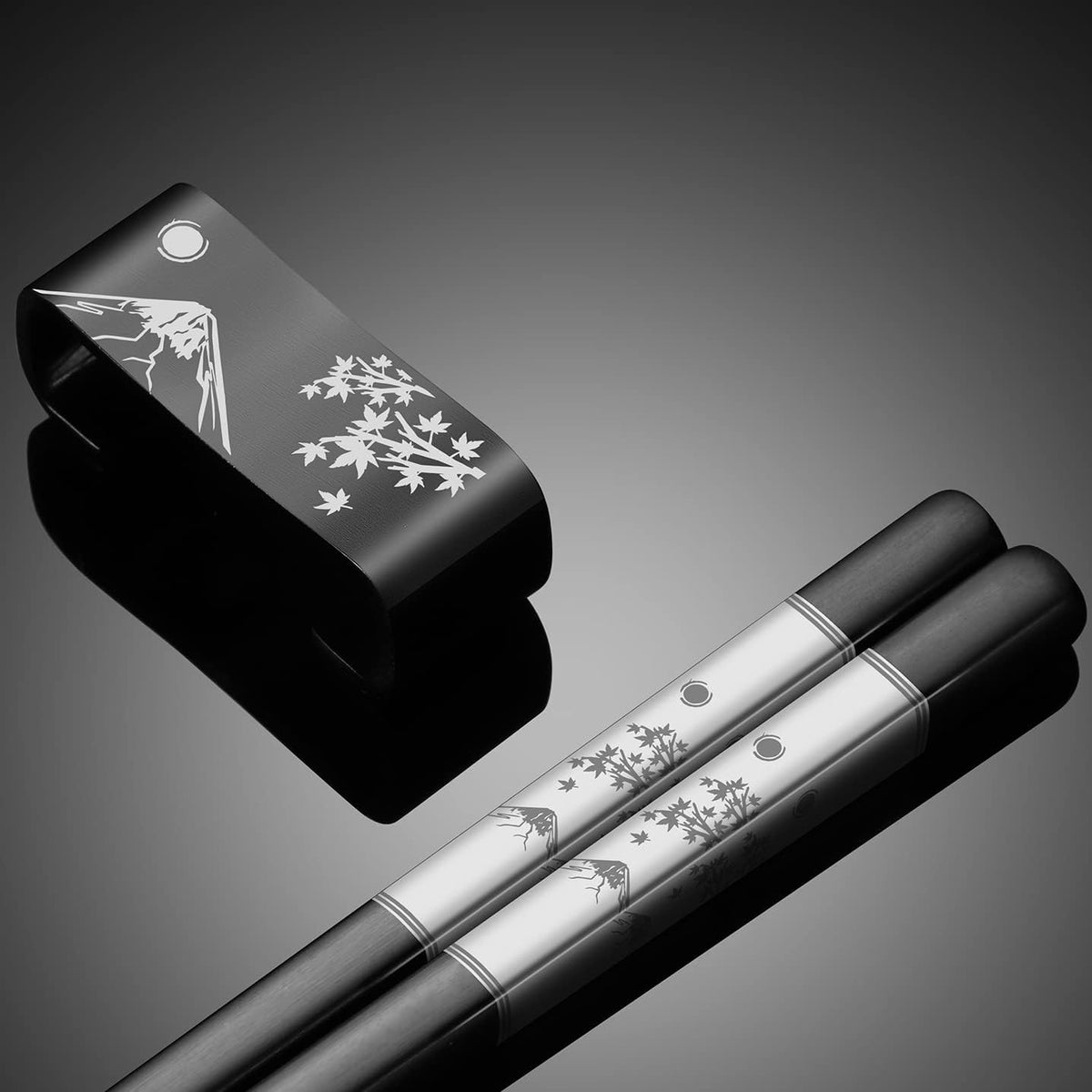 Premium 304 Stainless Steel Chopsticks Set - 2 Pairs Titanium Plated Japanese Style with Laser Engraved Design, Dishwasher Safe, Non-Slip Grip, Elegant Gift Box (Black)