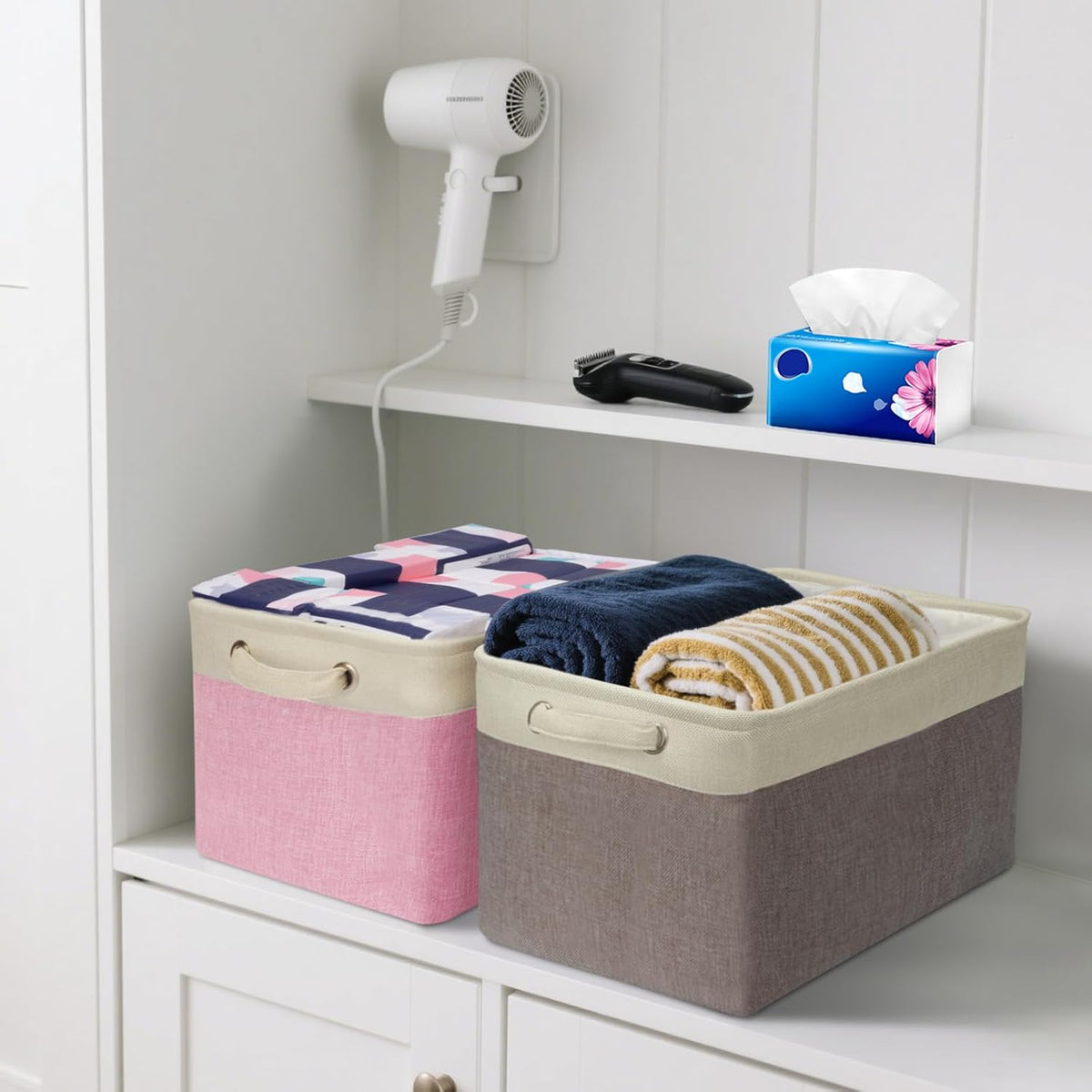 BALEINE 3 Pack Fabric Storage Bins for Shelves, Linen Storage Baskets for Organizing, Decorative Closet Bins for Clothes, Home (Pink, 15''x11''x9.5'')
