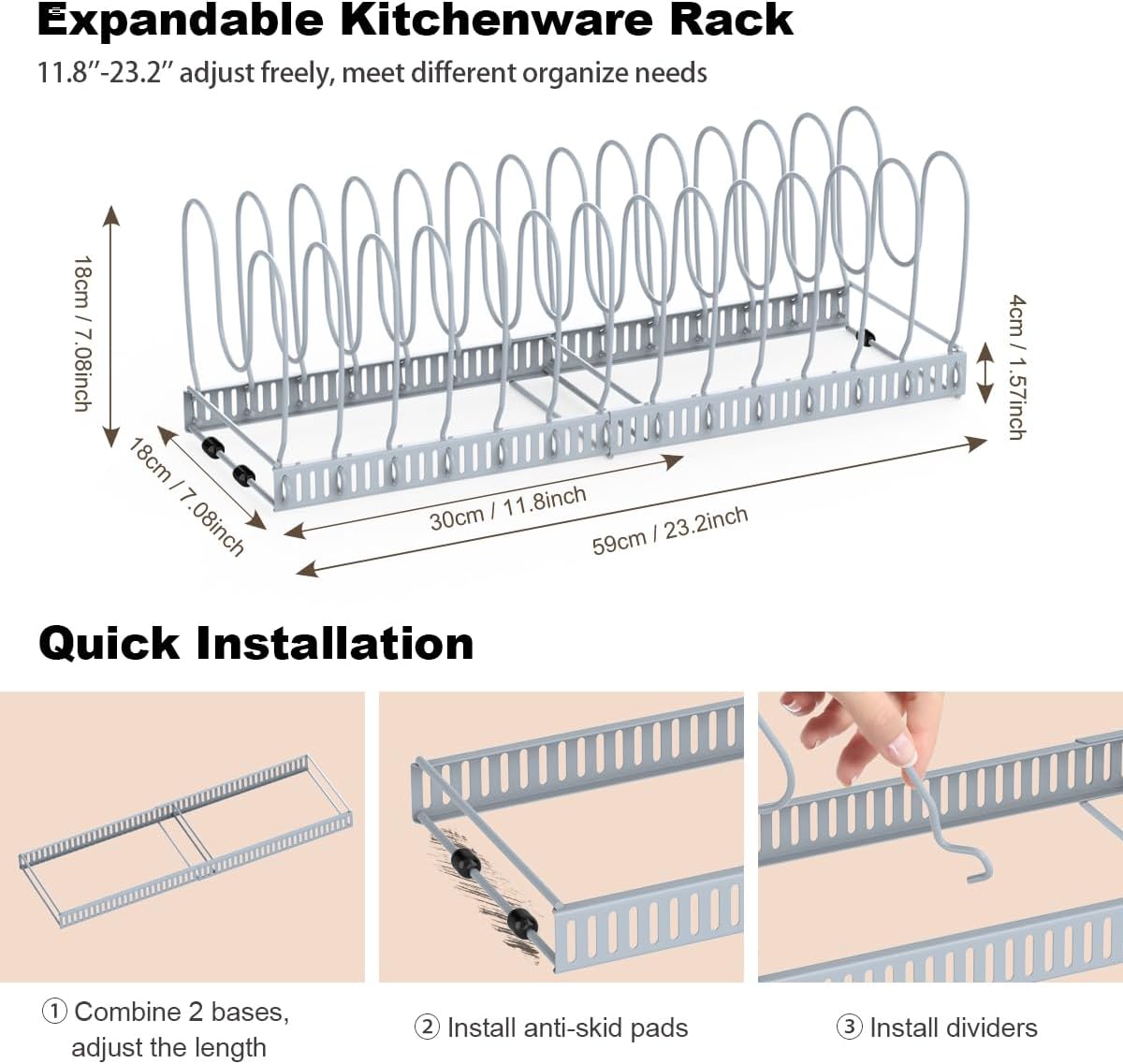 Housolution Pot and Pan Organizer Rack for Cabinet, Upgraded Expandable Pot Lid Organizer with 14 Adjustable Dividers, Pan Holder Storage Rack for Kitchen Cabinet, Grey