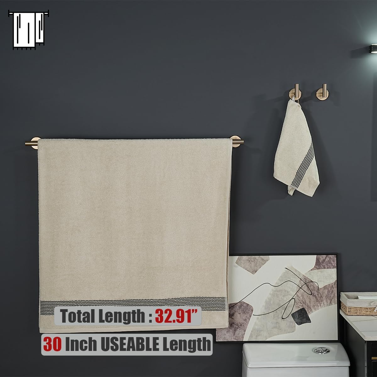 JQK Champagne Bronze Bath Towel Bar, 33 Inch 304 Stainless Steel Thicken 0.8mm Towel Rack Bathroom, Towel Holder Wall Mount, Useable Length 30 Inch, TB110L30-CB
