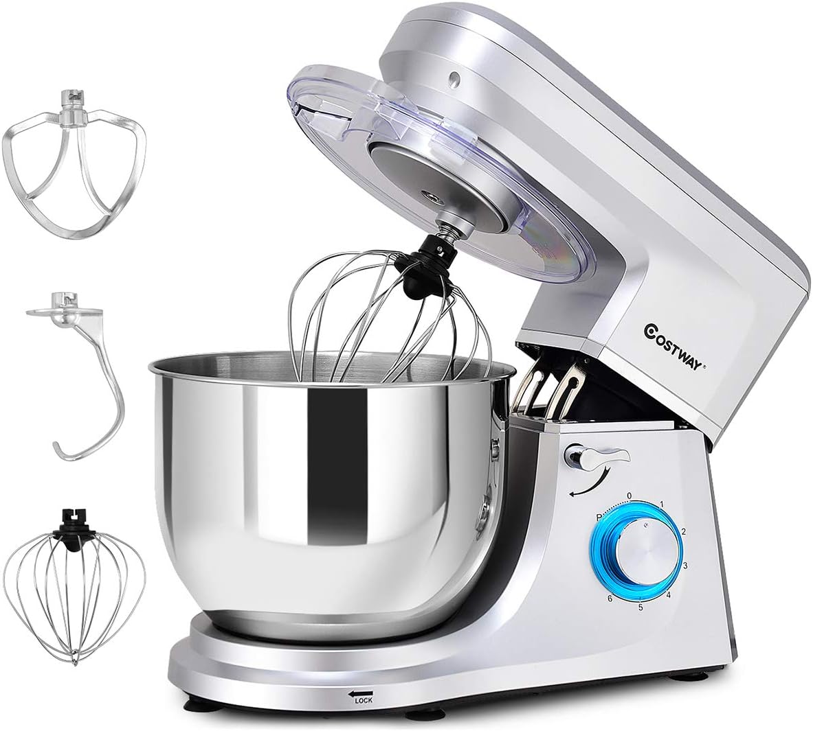 COSTWAY Stand Mixer, 7.5-Quart 660W 6-Speed Electric Mixer with Stainless Steel Bowl, Tilt-head Food Mixer with Dough Hook, Beater, Whisk (Sliver)