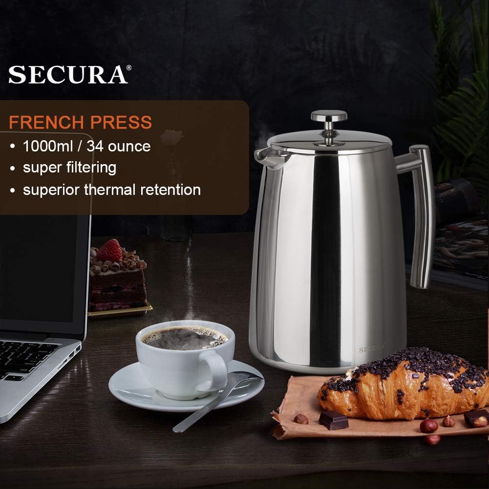 Secura French Press Coffee Maker, 34-Ounce, 304 Stainless Steel Insulated Coffee Press with Extra ScreenSecura French Press Coffee Maker, 34-Ounce, 304 Stainless Steel Insulated Coffee Press with Extra Screen