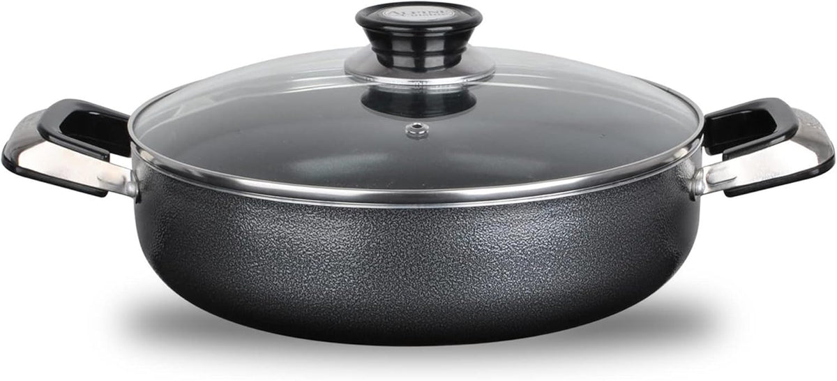 Alpine Cuisine 3.2 Quart Non-stick Caldero Stock Pot with Tempered Glass Lid and Carrying Handles, Multi-Purpose Cookware Aluminum Low Pot Dutch Oven for Braising, Boiling, Stewing