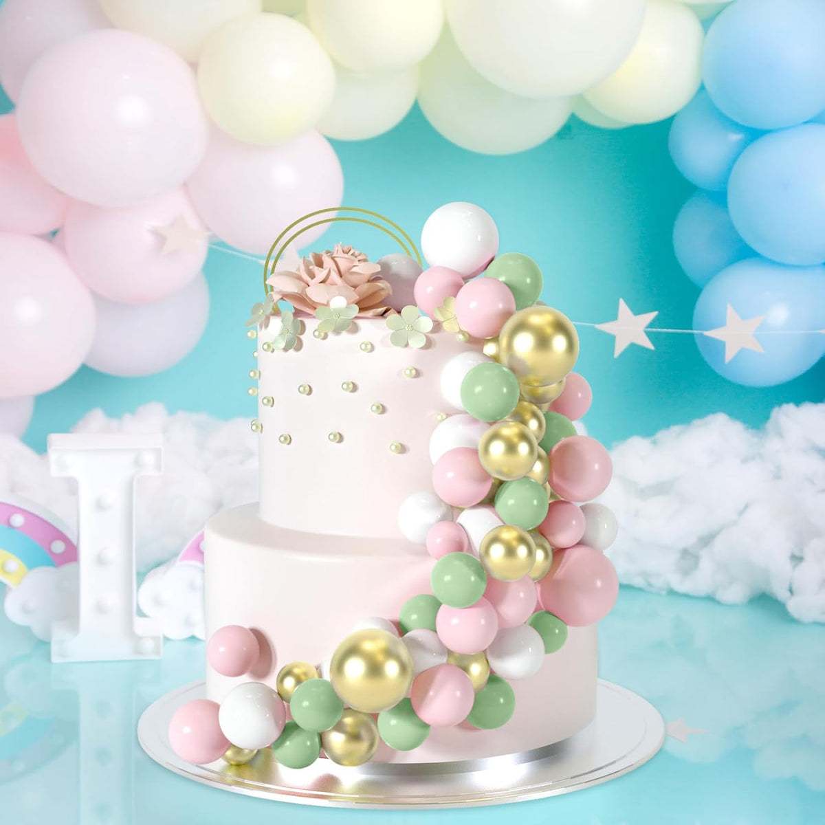 48 Pcs Balls Cake Topper Decorations Balloon Cupcake Toppers Foam Cake Topper Balls Cake Balls Decorations for Birthday Party Wedding Cake Decorating(Green,Pink,White,Gold)