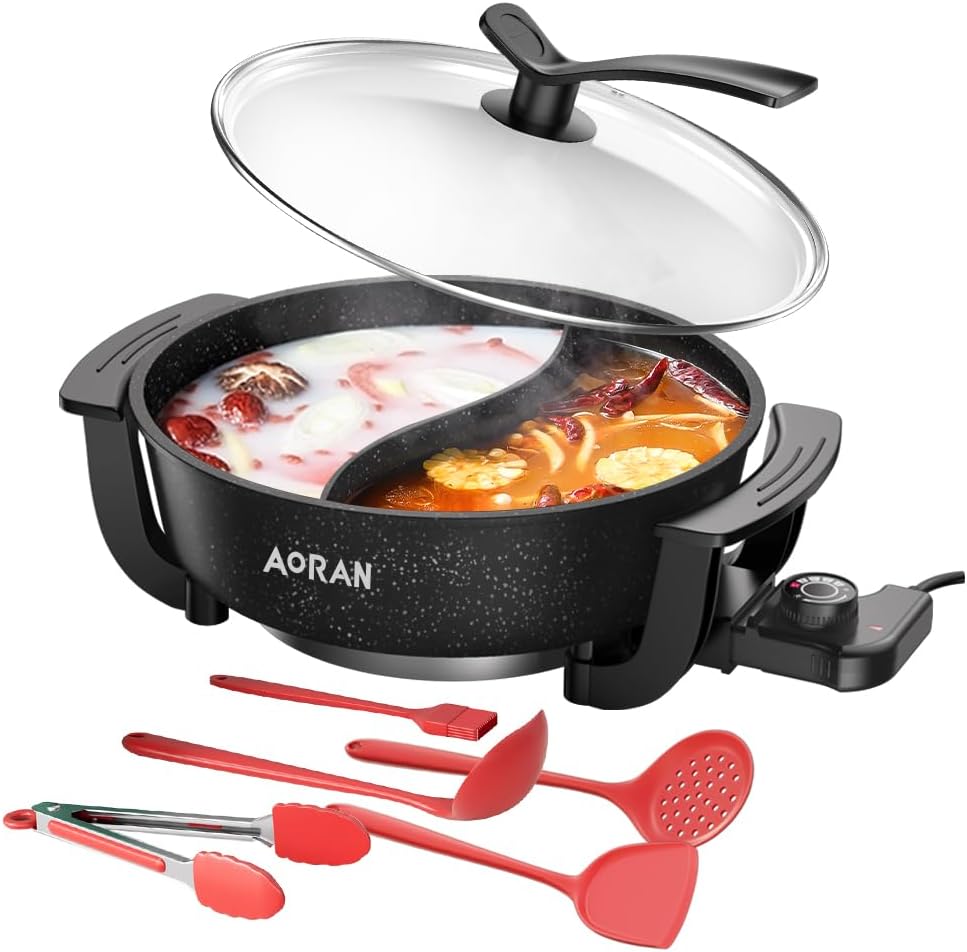 AORAN 6L Electric Hot Pot, Non-Stick Smokeless Cooking Pot with Divider for Hot Pot, Fondue, Shabu Shabu, Multi-Function, Includes Ladle, Tongs, Oil Brush, Food Tongs, Easy to Clean Black