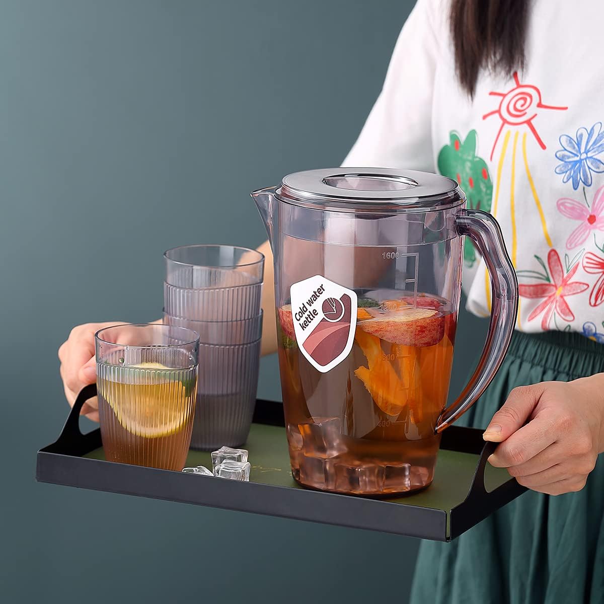 HOMQUEN Plastic Pitcher with 3 Cup, 60 Oz/1.8L Water Pitcher with Lid, Iced Tea Pitcher, Water Carafe, Jar Pitcher, Water Jug with Handle for Tea, Juices, Milk, Cold or Hot Beverages (Gray)