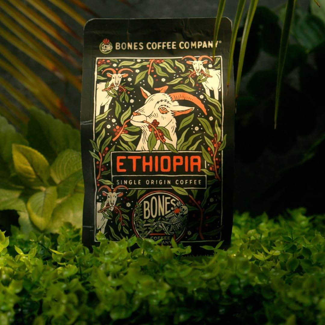 Bones Coffee Company Ethiopia Single-Origin, Citrus, Floral and Berries Notes, Ground Coffee Beans, Low Acid Light Roast Arabica Beans Flavored Coffee, 12 oz Ground