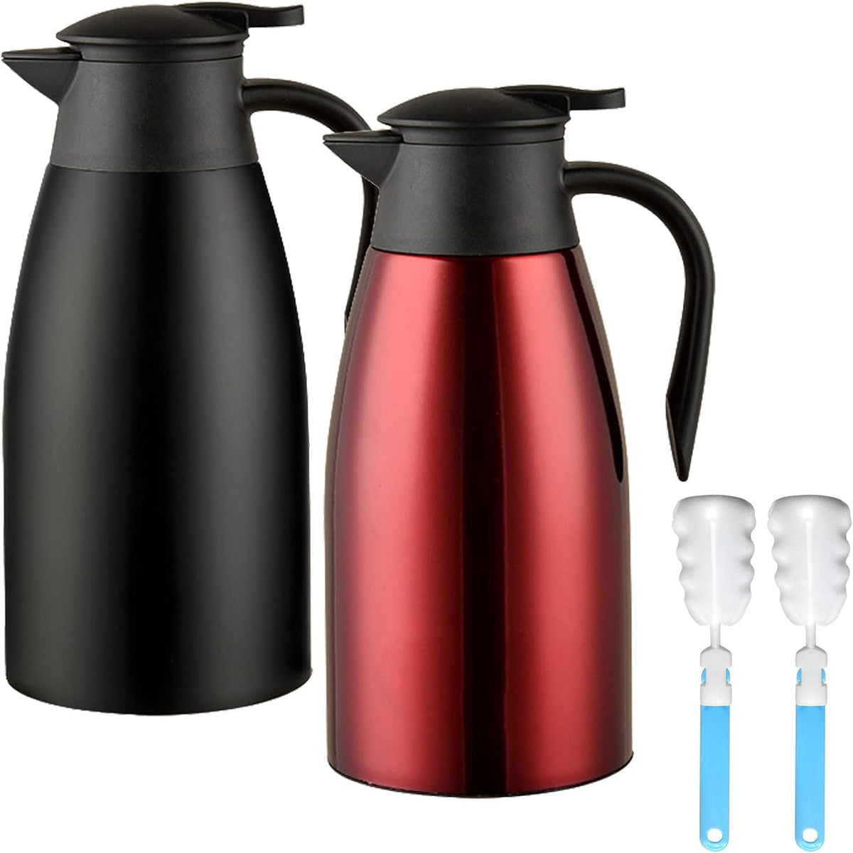 70 oz Thermal Coffee Carafe, Updated 2 PCS Insulated Stainless Steel Coffee Carafes for Keeping Hot Coffee & Water Hot Beverage-12Hours, Double Walled Vacuum Coffee Carafe(Black+Red)