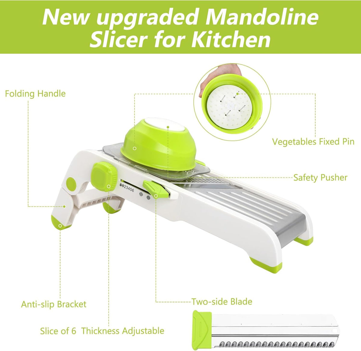 Mandoline Slicer for Kitchen, Adjustable Stainless Steel Mandoline Food Slicer, Onion Potato Cucumber Tomato Carrot Vegetable Fruit Slicer, Mandolin Veggie Cutter with Food Holder, Green