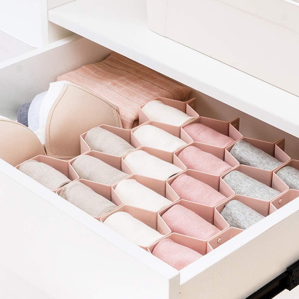 Poeland Drawer Divider Organizer Adjustable DIY Grid Honeycomb Drawer Divider for Underwear Belt Scarf Socks Pink 2 Pack