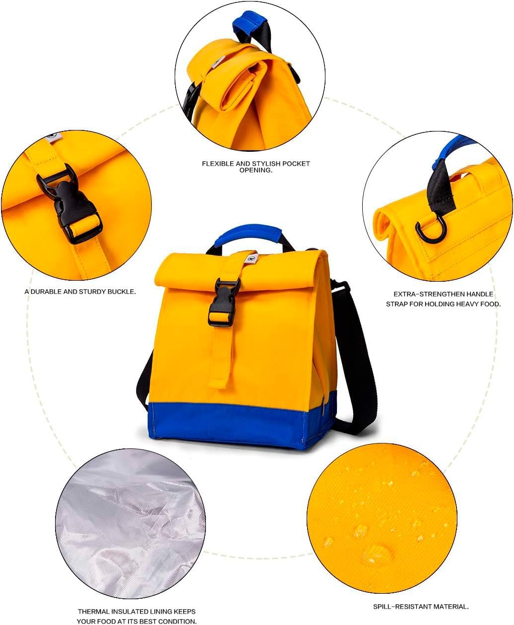 SUNNY BIRD Insulated Lunch Bag Rolltop Lunch Box Tote Lunchbox Bag for Women, Men, Boys and Girls (Yellow)