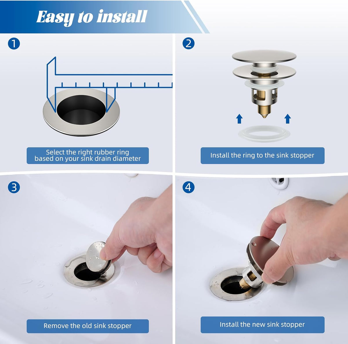 Hibbent All Metal 2 in 1 Bathroom Sink Stopper, Universal Pop Up Drain Strainer, Brass Bullet Core Push Type Sink Stopper for 1.1''~2.3'' Basin, Big Push Button, Anti Clogging Filter, Brushed Nickel