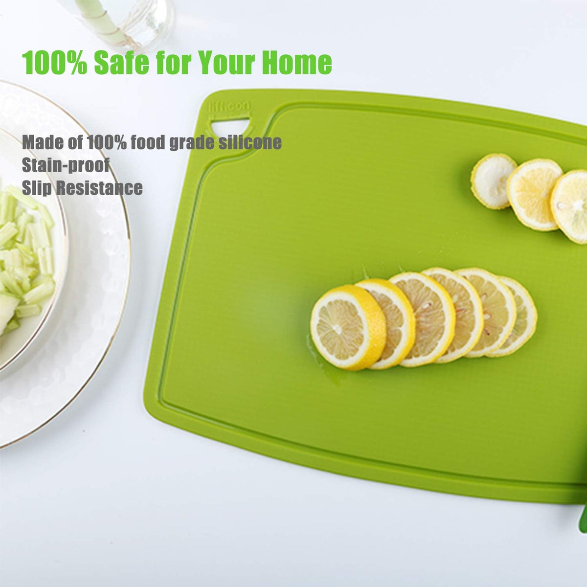 Thick Silicone Cutting Board 12.6'' x 9.1'' Juice Grooves Easy Grip Handle Dishwasher Safe-Green