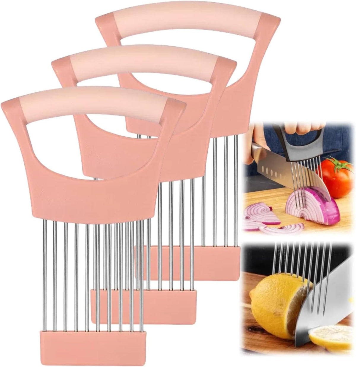 Onion Slice Holder, 2024 New Stainless Steel Holder for Slicing, Chopper Assistant Tool, Cutter for Meat, Onion, Potato, Tomato Kitchen Gadgets (Pink, 3 Pack)