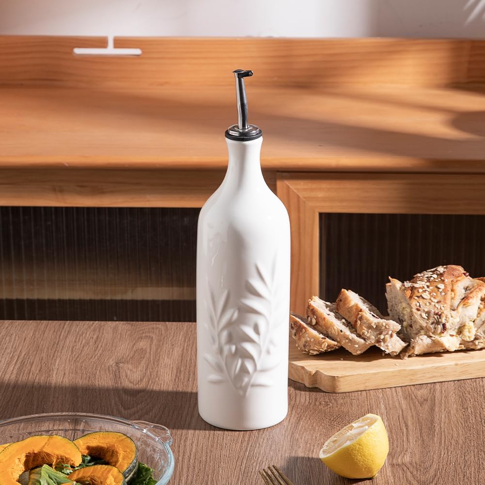 Sweejar Large Ceramic Olive Oil Dispenser Bottle, 24 Oz Relief Opaque Oil Cruet Protects Oil To Reduce Oxidation, Storage Oil, Vinegar, Soy Sauce, Coffee Syrup, Liquids, Set of 1 (White)