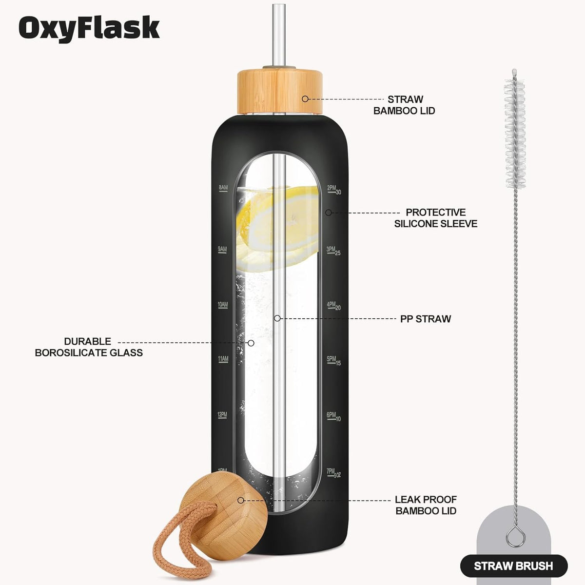 Glass Water Bottles 32 oz - Motivational Drinking Glass Water Bottle with Silicone Sleeve, Straw & 2 Bamboo Lids - 1 Liter Clear Borosilicate Daily Intake Tumbler with Time Marker - Jet Black