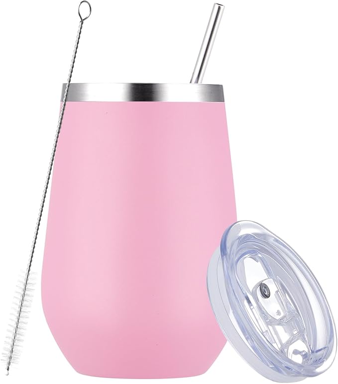 MEWAY 12oz Insulated Wine Tumbler with Press-In Lid, Double Wall Vacuum Stainless Steel Travel Tumbler with Straw,Travel Cup for Coffee and Drinks, Gift for Woman Under 10 dollars(Pink,1)
