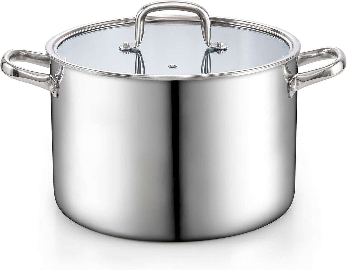 Cook N Home Stainless Steel Stockpot with Lid 12 Quart, Tri-Ply Clad Large Capacity Soup Pot, Induction Cooking pot, Silver