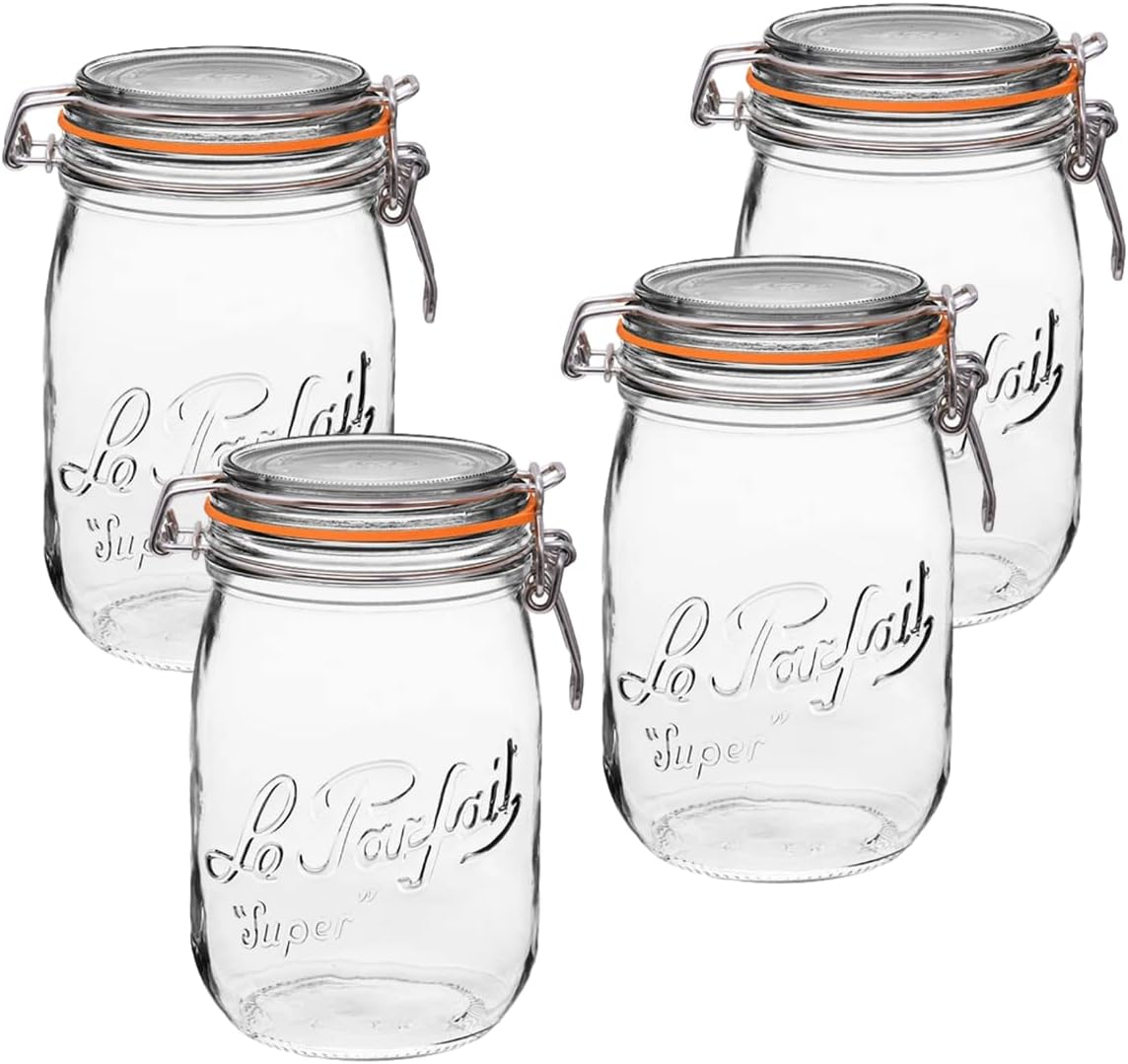 Le Parfait Super Jar, Canning Jars, 1L French Glass Canning Jar w/Round Body, Glass Jars With Airtight Lid, Canning Jars Wide Mouth, Glass Jar With Lid, Clear Jars, Clear Glass Jars (32oz/Quart, 4 pk)