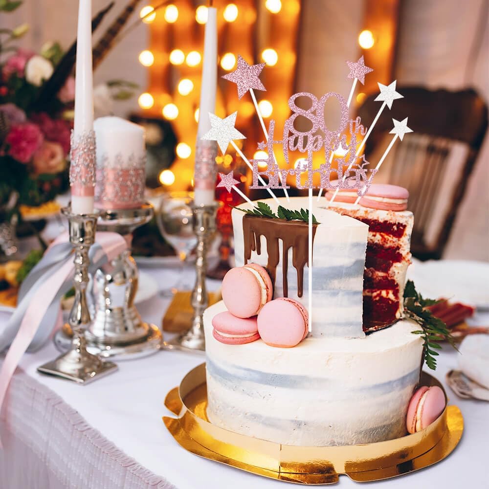 Glittery 80th Happy Birthday Cake Topper with Star,Personalised 80 Birthday Cake Toppers Party Decorations Party Supplies for Men Women Rose Gold