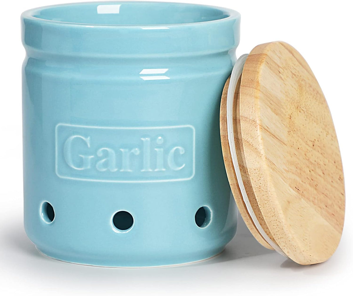Large Garlic Keeper with Wooden Lid, Ceramic Garlic Holder Storage, Garlic Container for Kitchen, Garlic Saver to Keep Your Garlic Cloves Fresh Longer 4.5-Inch, Turquoise