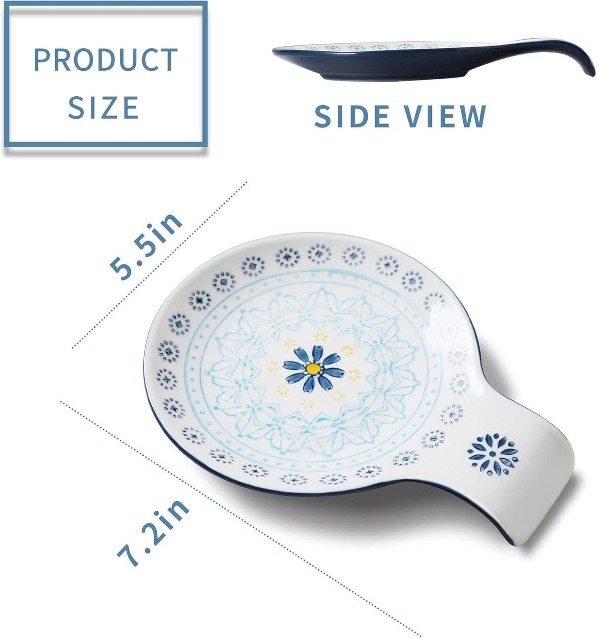 Hand Painted Spoon Rest, 5.5" Ceramic Spoon Holder for Stove Top and Kitchen Counter, Blue Pattern Utensil Rest, Great Cooking Gifts for Friends, Modern Kitchen Decorative