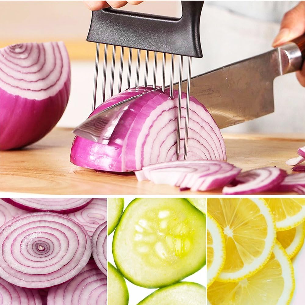 2025 New Onion Holder for Slicing, Stainless Steel Onion Slice Holder Vegetable Slicer Cutter for Potato and Tomato, Kitchen Chopper Slicing Assistant Tool Lemon Slicer Onion Cutter for Slicing (1PC)