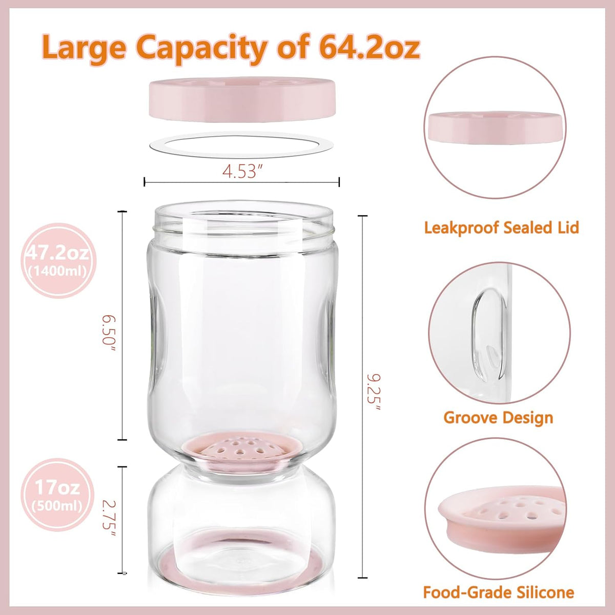ZENS Pickle Jar with Strainer Flip, 64 oz Pickle Container Pickle Juice Separator Hourglass Jar for Olive Keeper, Leakproof Glass Pickle Holder Jars for Pickling Dill Sliced Storage, Gifts for Mom