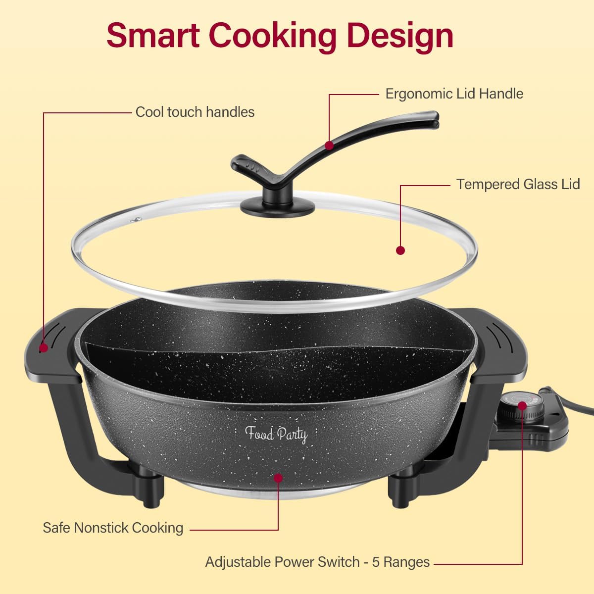 Food Party Electric Hot Pot with Divider Hotpot Pot Electric Hopot Cooker Shabu Shabu Pot 110V 1200W Non-Stick 6-Quart BPA FREE Fondue Chinese Hot Pot