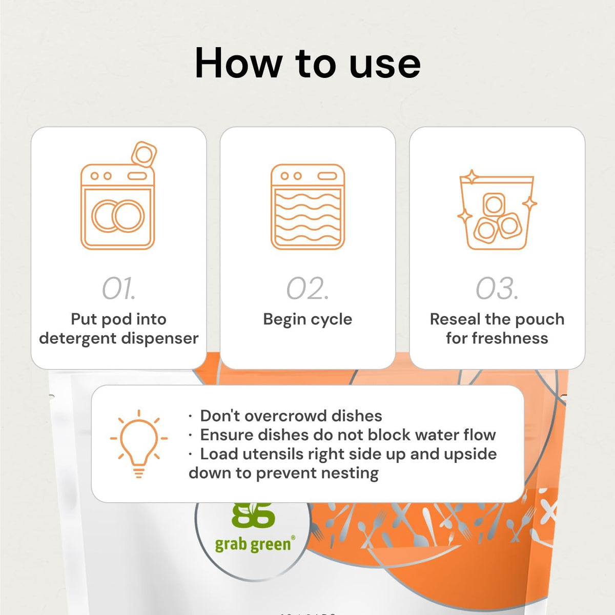 Grab Green Automatic Dishwashing Detergent Pods, 132 Count, Tangerine Lemongrass Scent, Plant and Mineral Based, Superior Cleaning, Powerful Grease Removal, Brilliant Shine