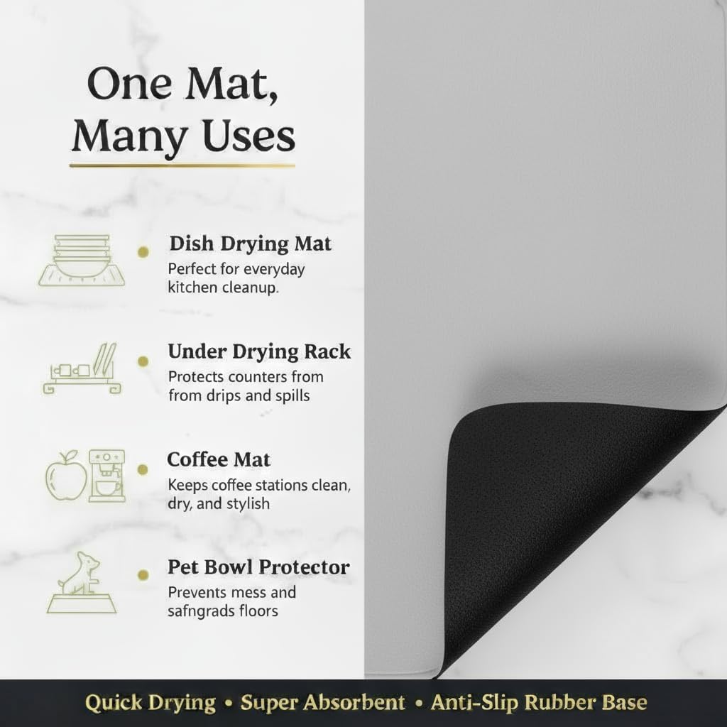 Dish Drying Mat Super Absorbent – 17" x 31" Coffee Mat for Countertops – Non-Slip Drying Mat for Kitchen Counter – Easy to Clean Water Absorbent Mat – XLarge Dish Drying Mats (Lite Gray)