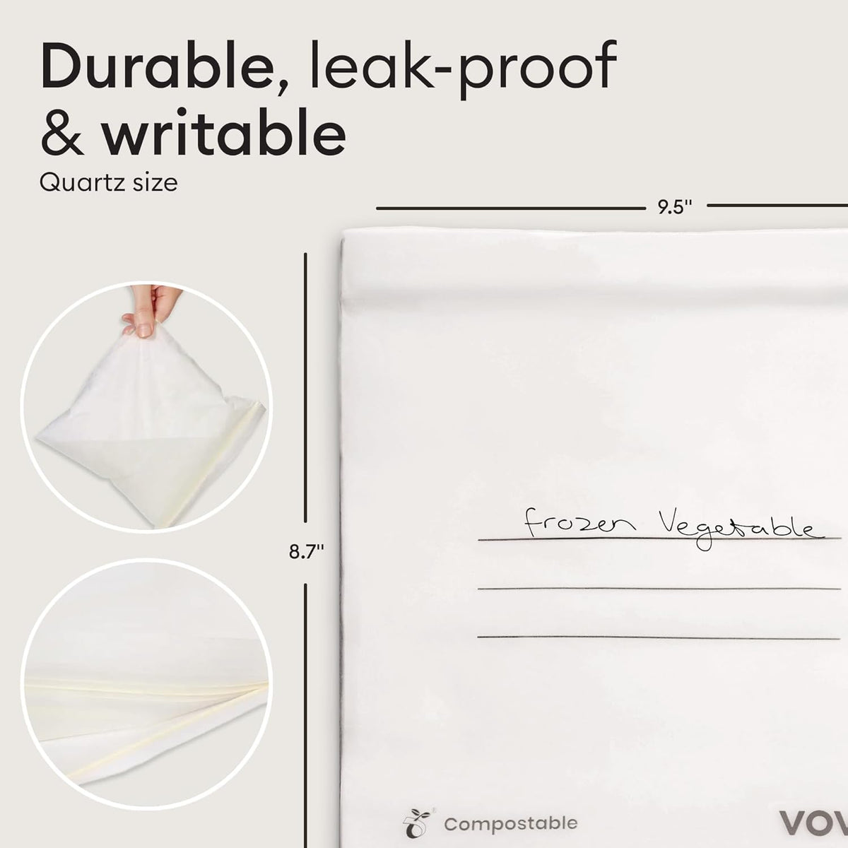 Vove Compostable Quart Bags, Large 30 Count – Freezer Safe, Leak Resistant, Non Toxic Food Storage for Leftovers & Meal Prep, Plastic-Free Eco Bags