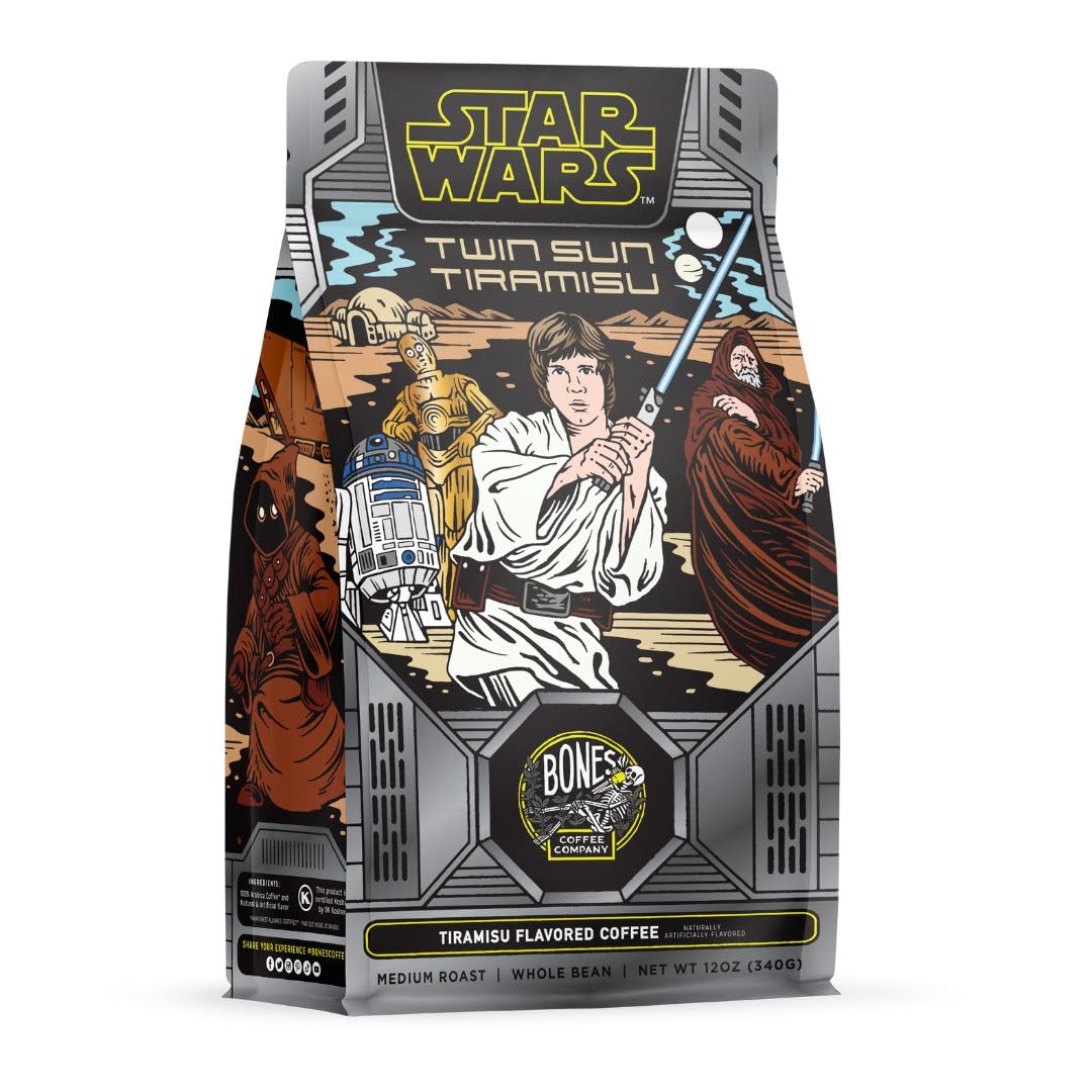 Bones Coffee Company Star Wars Twin Sun Tiramisu Flavored Coffee, Medium Roast Low Acid Arabica Beans Compatible with Auto drip and French Press Coffee Maker, 12 Oz Whole Bean