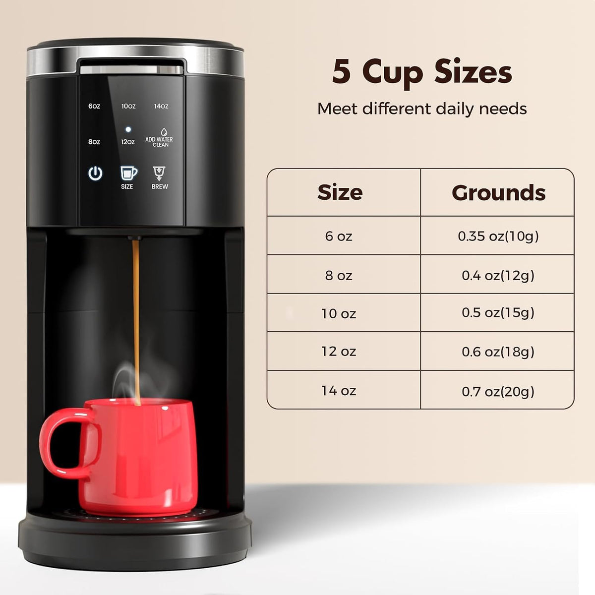 Single Serve Coffee Maker, 2 in 1 Coffee Machine for K-Cup & Ground Coffee, 6 to 14oz Brew Sizes, Self-cleaning Pod Coffee Makers with 40oz Removable Water Reservoir, LCD Screen, Black