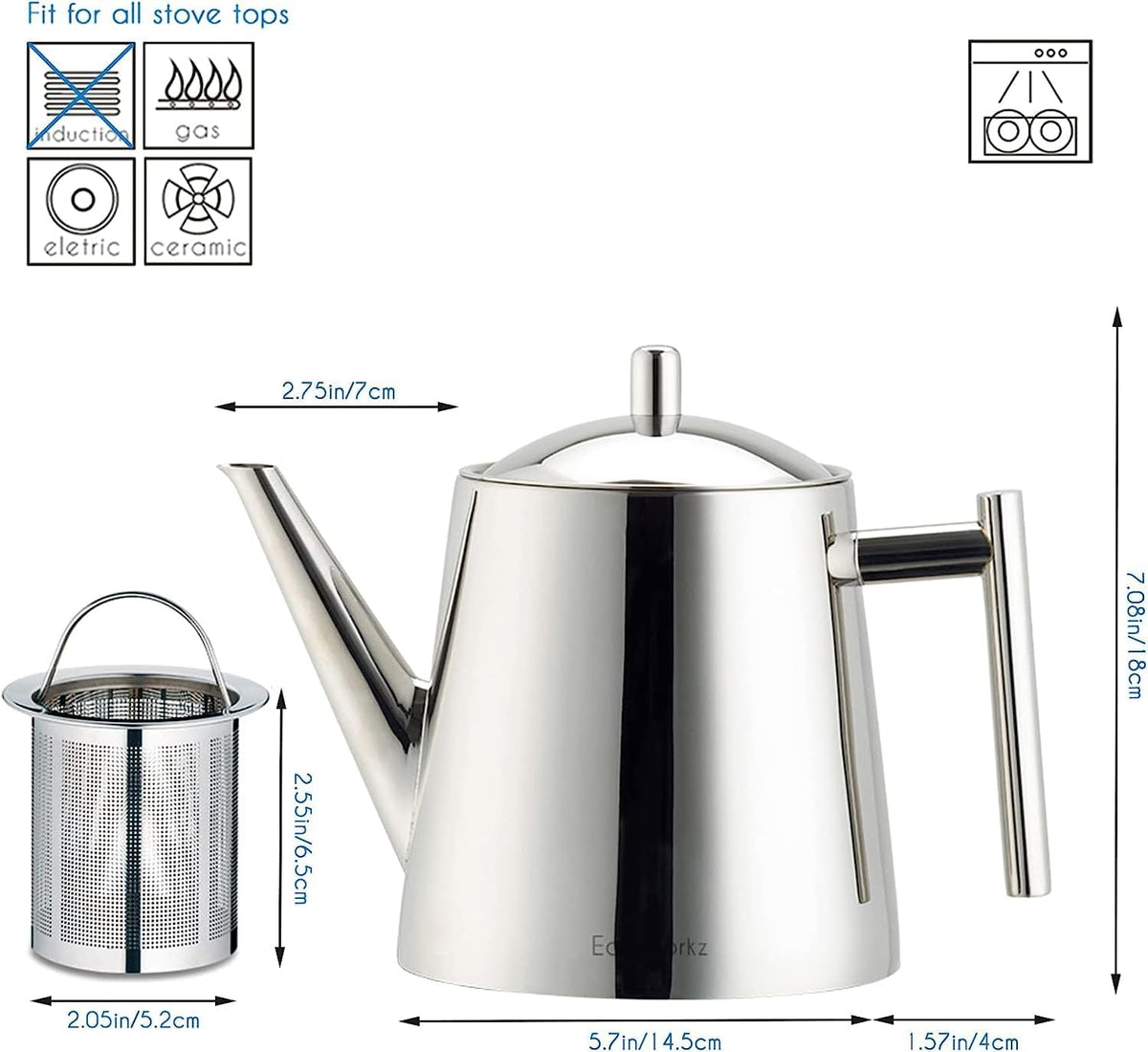 Easyworkz Stainless Steel Teapot With Removeable Infuser 50 oz (1500ml) Stovetop Tea Maker for Fruit Herbal and Infusion