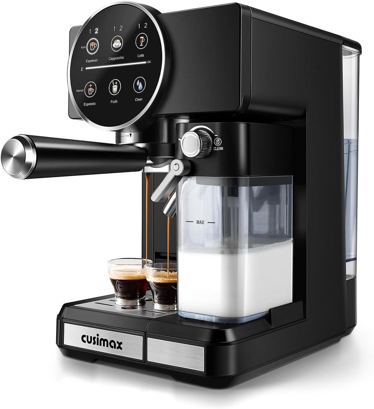 CUSIMAX Expresso Coffee Maker with Milk Frother, Cappuccino Machine Makes Espresso, Cappuccino, and Lattes with One-Touch Ease, and the Manual Mode Makes Creative Coffees with Cleaning Function