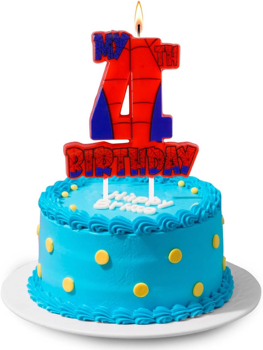 Spider Birthday Party Decorations, Number 4 Red Spider Web Happy Birthday Cake Candle for Boys Girls Spider Web 4th Birthday Party Supplies (Spider Web 4th Candle)