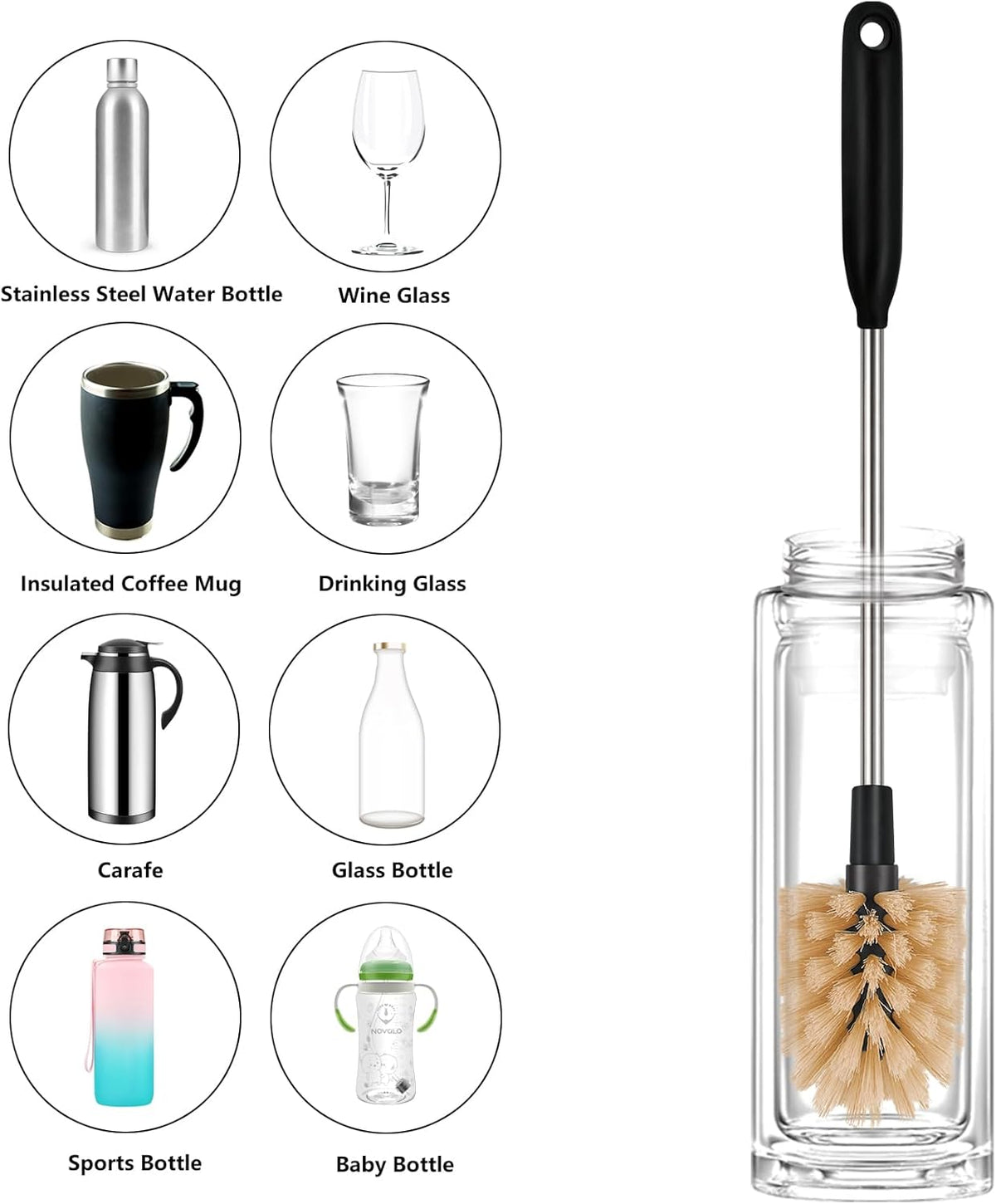 3 in 1 Stainless Steel Long Handled Water Bottle Brush Set, Kitchen Scrubber Cleaning Brush for Mugs, Coffee Cups, Glassware, Wine Glasses, Wake-Ups, with Straw Cleaner, Brown