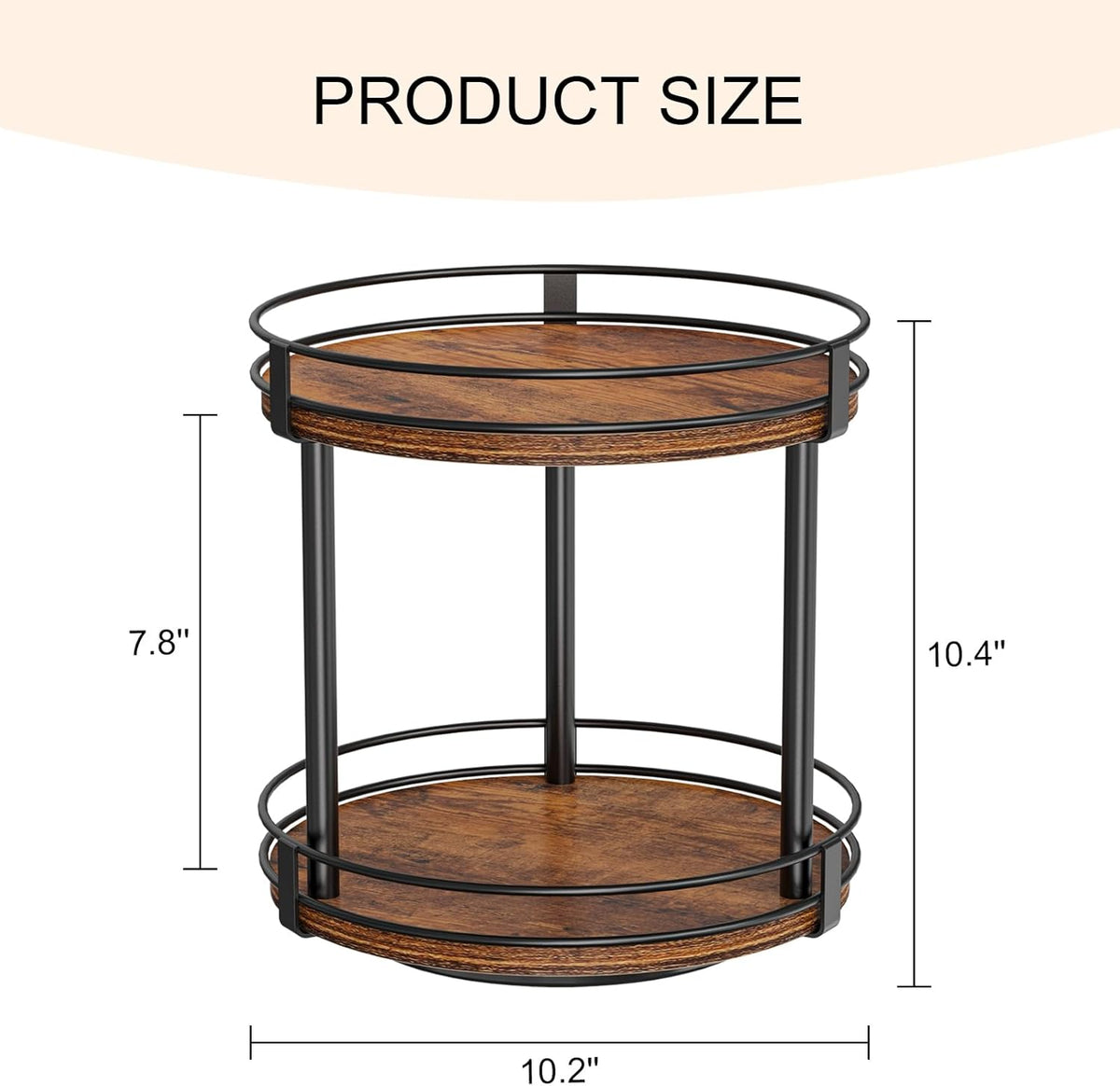 Snughome Rotating Spice Rack, 2 Tier Lazy Susan Organizer, Wood Kitchen Countertop Organizer, Brown Lazy Susan Turntable for Cabinet, 10.2" x 10.2" x 10.4"