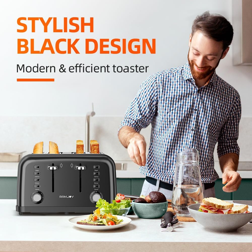 Black Toaster 4 Slice, Dual Independent Controls, Extra Wide Slot Toasters for Bagel, Bread, Waffles, 7 Shade Settings, 4 Main Functions, Removable Crumb Tray, 1500 Watts, Black Stainless Steel