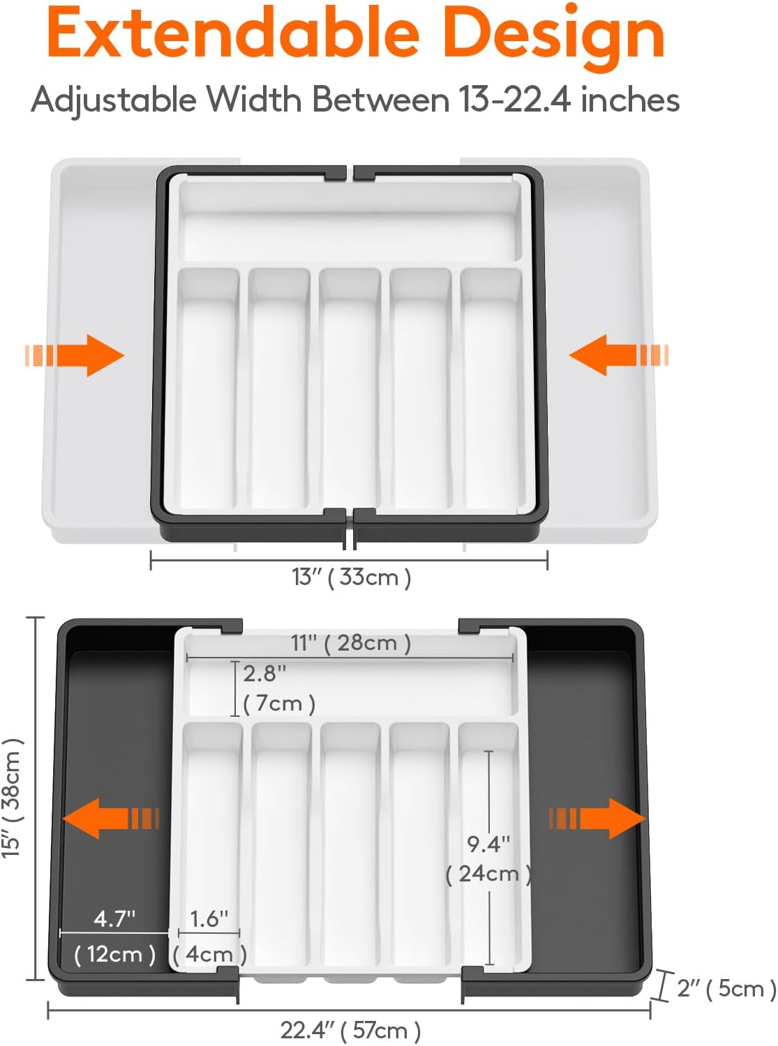 Lifewit Silverware Drawer Organizer, Expandable Utensil Tray for Kitchen, BPA Free Flatware and Cutlery Holder, Adjustable Plastic Storage for Spoons Forks Knives, Large, White&Black