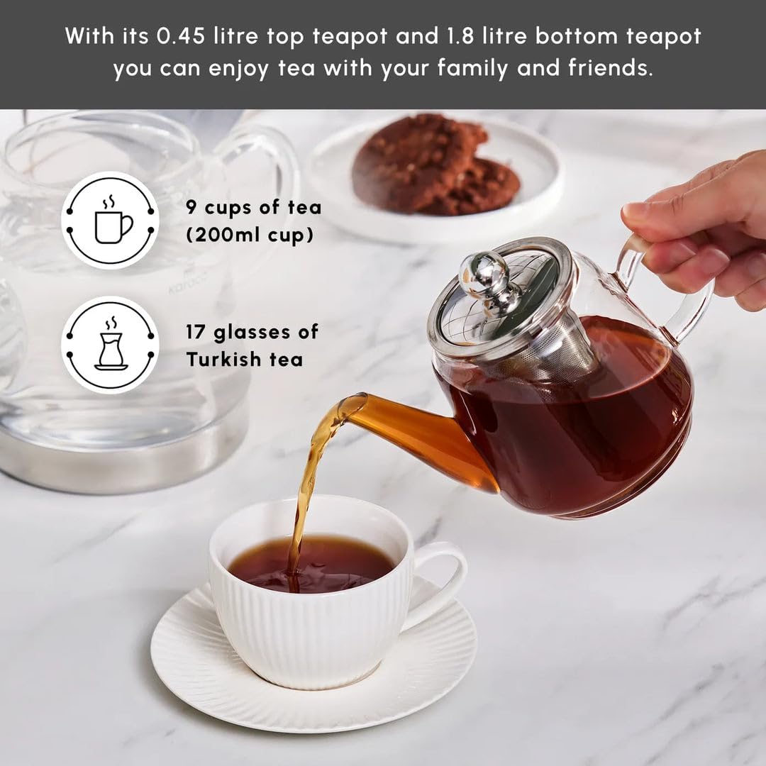 Karaca Dora Teapot Set, Glass, Tea Pot 0.45 L, Kettle 1.8 L, Silver, Transparent, Tea Maker, Turkish Tea Kettle, Tea Maker
