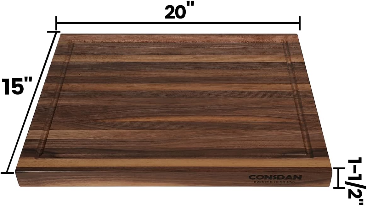 CONSDAN Walnut Cutting Board for Kitchen, USA Grown Hardwood, 20 x 15, with Invisible Inner Handle, Prefinished with Food-Grade Oil, Suitable for Kitchen Edge Grain, 1-1/2" Thick
