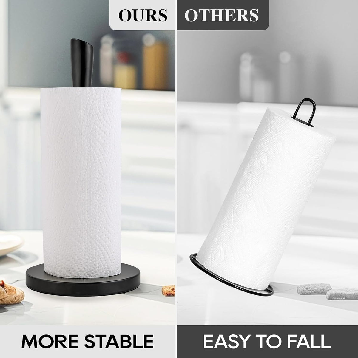 JOGREFUL Paper Towel Holder Stand, Stainless Steel Kitchen Paper Towel Countertop Stand with Streamline Body, Bathroom Organization for Family Standard Large Size Roll Paper, Black
