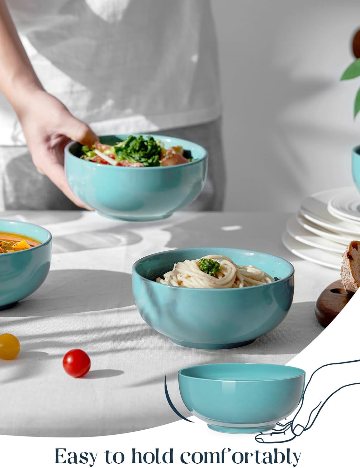 DOWAN 22 OZ Ceramic Soup Bowls & Cereal Bowls - 6" Classic Bowls Set of 4 for Soup, Cereal, Oatmeal, Fruit, Rice - Dishwasher & Microwave Safe (Turquoise)
