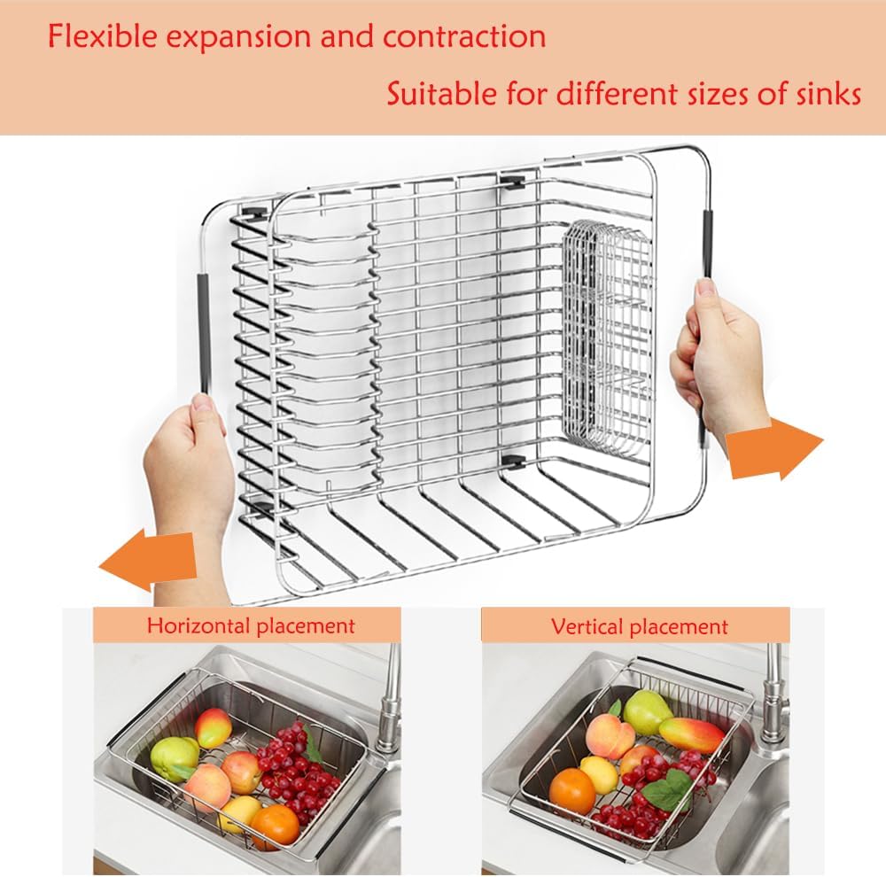 Stainless Steel Dish Drying Rack(15.2"L X 13"W X 5.8"H), Expandable Fruit & Vegetable Drain Rack over Sink, Dish Drainer Rack in Sink, with Stainless Steel Utensil Holder & Silicone Mat(16")